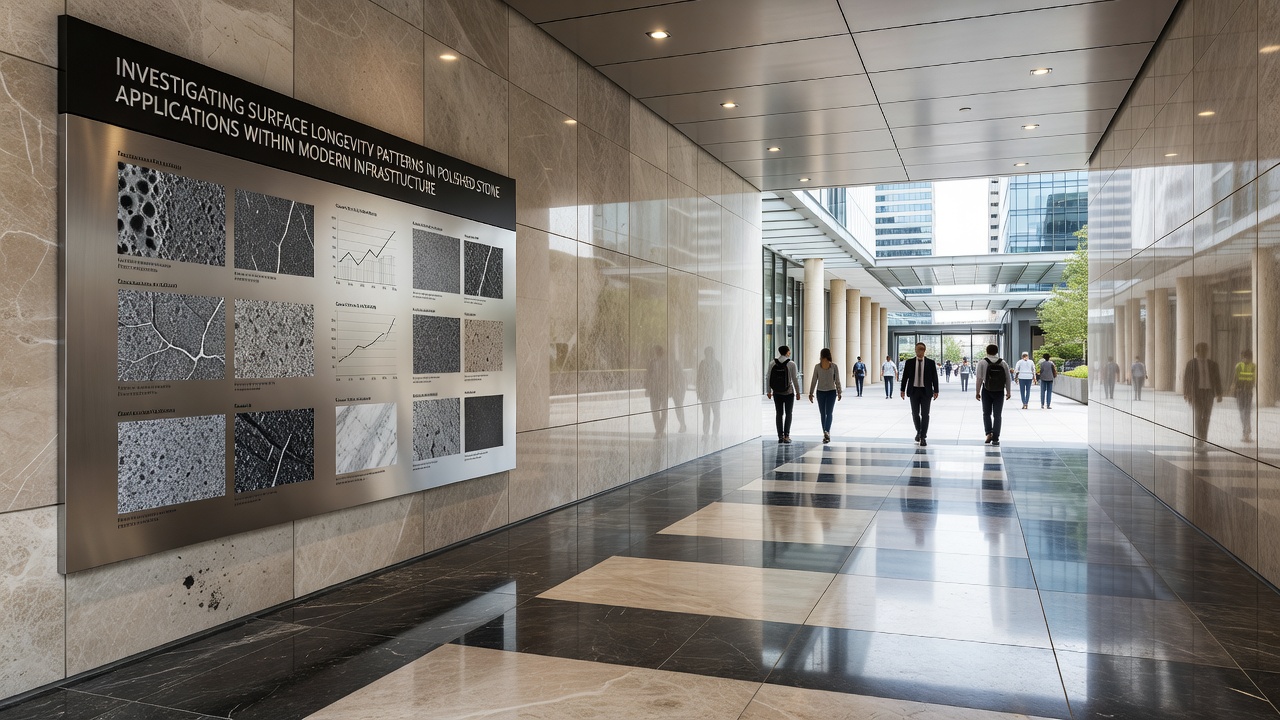 Close-up view of polished stone walkway in a modern infrastructure setting illustrating surface wear patterns after several years of pedestrian exposure