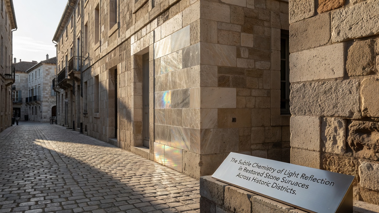 Restored stone facade in an urban historic district demonstrating subtle variations in light reflection after chemical consolidation